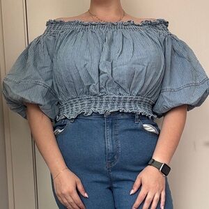 Blue Puff Sleeve Cropped Blouse with Ruffles